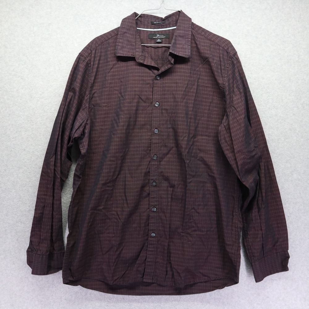 Marc Anthony Shirt Mens XL Slim Fit Casual Button Up‎ Maroon Plaid Long Sleeve